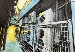 Rule 34 | absurdres, air conditioner, alley, building, cable, condenser unit, day, drainpipe, highres, ibsukionsen, landscape, no humans, original, road, scenery, shadow, street, sunlight