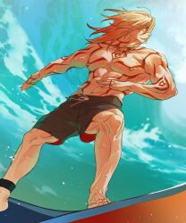 Rule 34 | 1boy, abs, absurdres, alternate costume, arm tattoo, barefoot, blonde hair, blue sky, chest tattoo, commentary, english commentary, facial tattoo, gradient hair, hanamirru, highres, honkai: star rail, honkai (series), looking to the side, male focus, male swimwear, multicolored hair, muscular, muscular male, mydei (honkai: star rail), navel, profile, red hair, red tattoo, sky, solo, surfboard, surfing, swim trunks, tattoo, yellow eyes