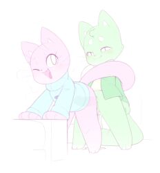 1boy 1girl :3 animal_ears animal_feet animal_hands animal_nose arm_support barefoot bent_over blue_sweater blush body_fur bottomless breath cat_boy cat_ears cat_girl cat_tail closed_mouth cum cum_in_pussy erection eye_contact fang flat_color freckles full_body furry furry_with_furry green_fur green_jacket half-closed_eyes happy hetero jacket kekitopu legs_apart light_blush long_sleeves looking_at_another looking_back mochi_(kekitopu) one_eye_closed open_clothes open_jacket open_mouth original penis pink_fur raised_eyebrows sex sex_from_behind shirt simple_background skin_fang smile split_mouth standing suama_(kekitopu) sweater tail tail_wrap thick_eyebrows turtleneck turtleneck_sweater two-tone_fur vaginal whiskers white_background white_fur white_shirt x-ray