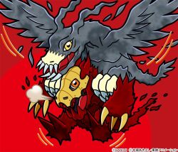 Rule 34 | 2boys, bandai, claws, copyright name, darklizamon, digimon, digimon (creature), digimon ghost game, dragon, fiery hair, fire, fire, flying, glowing, helmet, looking at viewer, multiple boys, official art, open mouth, orange eyes, red background, red eyes, saberdramon, sharp teeth, simple background, teamwork, teeth, wings, yellow eyes