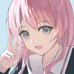 1girl bang_dream! bang_dream!_it&#039;s_mygo!!!!! blue_background chihaya_anon commentary fang grey_eyes hand_up highres hu_pi_xuan_jiao long_hair open_mouth pink_hair school_uniform simple_background solo v