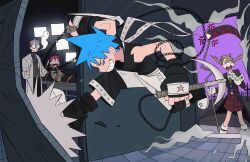 1girl 3boys alternate_form anger_vein black_coat black_star blonde_hair blue_hair boots chinese_commentary coat commentary_request crying dingnin98201637 father_and_daughter fingerless_gloves franken_stein_(soul_eater) glasses gloves highres holding holding_weapon lab_coat maka_albarn multiple_boys necktie purple_sky red_skirt skirt sky sleeveless smile soul_eater soul_evans spiked_hair spirit_albarn twintails weapon white_gloves