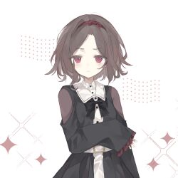 1girl belt black_dress black_ribbon black_skirt blush brown_hair dress ebizuka_tomo flat_chest frown girls_band_cry hand_up highres huaying_(yueluoshanhe103) long_sleeves looking_at_viewer nose_blush pink_eyes ribbon short_hair simple_background skirt star_(symbol) upper_body white_background white_belt