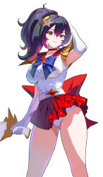 1girl absurdres arm_up armpits black_hair blue_bow blue_bowtie bow bowtie breasts closed_mouth commentary elbow_gloves gloves gun highres holding holding_gun holding_weapon large_breasts looking_at_viewer miniskirt panties ponytail red_eyes red_skirt sailor_senshi_uniform shirt simple_background skirt sleeveless sleeveless_shirt solo tony_maverick underwear weapon white_background white_gloves white_panties white_shirt zenless_zone_zero zhu_yuan