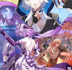 2boys 3girls arm_tattoo armor armored_gloves back black_gloves black_hood blonde_hair breasts castorice_(honkai:_star_rail) chest_tattoo cipher_(honkai:_star_rail) commentary_request crescent_moon dragon dress elbow_gloves finger_to_mouth fingerless_gloves flame_reaver_of_the_deepest_dark gloves gold_gloves grey_hair highres holding holding_scythe holding_sword holding_weapon honkai:_star_rail honkai_(series) long_hair mask medium_breasts moon multiple_boys multiple_girls muscular muscular_male mydei_(honkai:_star_rail) pauldrons pointy_ears pollux_(honkai:_star_rail) polyxia_(honkai:_star_rail) purple_eyes purple_gloves purple_hair red_tattoo scythe short_hair_with_long_locks shoulder_armor shushing siblings single_pauldron sisters sword tanemaki_monaka tattoo twins weapon white_dress