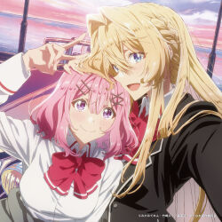 2girls :d absurdres album_cover amaori_renako black_jacket blazer blonde_hair blue_eyes blush bow bowtie braid breasts car clothes_around_waist cloud collared_shirt cover dress_shirt grey_sweater hair_flowing_over hair_ornament hairclip hand_on_another&#039;s_head highres jacket long_hair long_sleeves looking_at_viewer medium_breasts motor_vehicle multiple_girls official_art open_mouth outdoors ouzuka_mai pink_hair purple_eyes reaching reaching_towards_viewer red_bow red_bowtie school_uniform selfie shirt short_hair sky smile sweater sweater_around_waist upper_body v very_long_hair watashi_ga_koibito_ni_nareru_wake_naijan_murimuri! water white_shirt x_hair_ornament