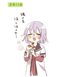 1girl :d blush_stickers brown_sailor_collar closed_eyes commentary_request cropped_torso dress food glasses grey_hair highres holding holding_food ikeda_chitose layered_sleeves long_sleeves namori nanamori_school_uniform open_mouth red_dress roasted_sweet_potato sailor_collar school_uniform shirt short_hair short_over_long_sleeves short_sleeves simple_background smile solo sweet_potato translation_request white_background white_shirt yuru_yuri