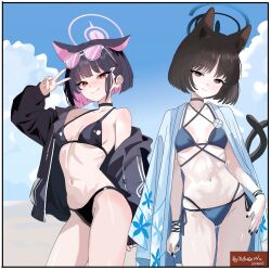 2girls absurdres alternate_costume animal_ear_fluff animal_ears bikini black_bikini black_choker black_eyes black_hair black_jacket black_nails blue_archive blue_bikini blue_haori blunt_ends blush breasts cat_ears cat_girl cat_tail choker closed_mouth colored_inner_animal_ears colored_inner_hair commentary_request extra_ears eyewear_on_head haori highres jacket japanese_clothes kazusa_(blue_archive) kikyou_(blue_archive) kikyou_(swimsuit)_(blue_archive) looking_at_viewer melissa_v2 multicolored_hair multiple_girls multiple_tails official_alternate_costume parted_bangs pink-tinted_eyewear pink_eyes pink_hair short_hair single_bare_shoulder smile sunglasses swimsuit tail tinted_eyewear two-tone_hair two_tails v