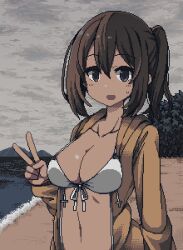 1girl beach breasts brown_hair bush cleavage cloud cloudy_sky grey_eyes hood hoodie ikeda_(kasutera) looking_at_viewer lowres medium_hair open_mouth original pixel_art sky solo swimsuit v yellow_hoodie