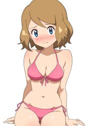 1girl bikini blue_eyes blush breasts brown_hair cleavage closed_mouth collarbone commentary eyelashes highres looking_at_viewer medium_hair mnkr98 navel nintendo pink_bikini pokemon pokemon_(anime) pokemon_xy_(anime) serena_(pokemon) side-tie_bikini_bottom sitting solo split_mouth swimsuit