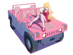 1girl absurdres ahoge arm_support blonde_hair blue_eyes bracelet breasts car closed_mouth convenient_censoring dress high_heels highres hummer jewelry knees_together_feet_apart long_hair medium_breasts motor_vehicle on_car panty_&amp;_stocking_with_garterbelt panty_(psg) psylduck red_dress see-through_(psg) sitting smile solo vehicle_focus