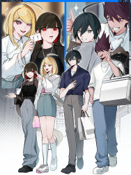 Rule 34 | 2boys, 2girls, ahoge, bag, black hair, black shirt, blonde hair, brown pants, card, casual, danganronpa (series), danganronpa v3: killing harmony, facial hair, gaba33, goatee, grin, hair ornament, hair scrunchie, harukawa maki, highres, holding, holding card, long hair, low twintails, momota kaito, multiple boys, multiple girls, oma kokichi, pants, red scrunchie, saihara shuichi, scrunchie, shirt, shopping bag, skirt, smile, spiked hair, teeth, twintails