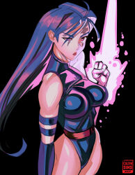 1girl artist_name black_background breasts calvinsimsart long_hair magic marvel psylocke purple_eyes purple_hair solo thick_thighs thighs watermark x-men