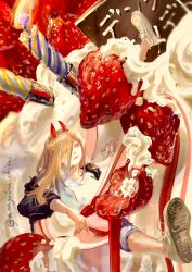 1girl black_jacket blonde_hair brown_shoes cake candle chainsaw_man cross-shaped_pupils fire food fruit hair_between_eyes highres horns in_food jacket long_hair nangokuniikitai open_clothes open_jacket power_(chainsaw_man) red_horns red_pupils shoes sleeves_rolled_up sneakers solo strawberry symbol-shaped_pupils twitter_username whipped_cream white_shoes yellow_eyes