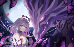 1girl absurdres bare_shoulders black_tiara breasts bug butterfly castorice_(honkai:_star_rail) commentary_request dragon dress falling_petals flower food full_moon gloves hair_flower hair_ornament highres holding holding_food honkai:_star_rail honkai_(series) insect long_hair looking_at_viewer moon pollux_(honkai:_star_rail) night night_sky oekakidekinai1 petals purple_butterfly purple_eyes purple_gloves purple_hair sky tiara white_dress