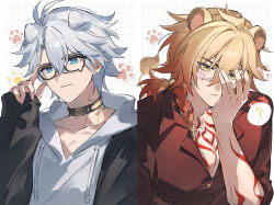 Rule 34 | 2boys, ?, absurdres, adjusting eyewear, alternate costume, animal ears, antenna hair, arm tattoo, black choker, black jacket, blonde hair, blue eyes, braid, casual, chest tattoo, choker, collared shirt, commentary, dog boy, dog ears, glasses, gradient hair, grid background, hair between eyes, hand on eyewear, hand up, highres, honkai: star rail, honkai (series), hood, hood down, hoodie, jacket, lion boy, lion ears, male focus, medium hair, multicolored hair, multiple boys, mydei (honkai: star rail), osamu18568716, pectoral cleavage, pectorals, phainon (honkai: star rail), red hair, red shirt, red tattoo, shirt, short hair, side braid, spoken question mark, sun symbol, sun tattoo, symbol-only commentary, tan, tattoo, white background, white hair, white hoodie, yellow eyes