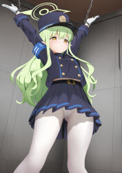 Rule 34 | 1girl, absurdres, armband, arms up, black hat, black jacket, black skirt, blue archive, blue armband, blush, buttons, closed mouth, commentary request, double-breasted, gibun (sozoshu), gloves, green hair, green halo, halo, hat, highres, hikari (blue archive), jacket, long sleeves, looking at viewer, miniskirt, no tail, panties, panties under pantyhose, pantyhose, peaked cap, pointy ears, restrained, sidelocks, skirt, solo, underwear, white gloves, white pantyhose, yellow eyes