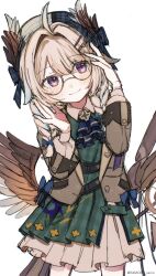 ahoge aqua_nails ascot beret bird_hair_ornament blonde_hair blue_ascot blue_hair blush braid brown_coat brown_wings coat dress enna_alouette enna_alouette_(3rd_costume) flat_chest glasses green_dress hair_ornament hair_ribbon hat head_wings highres layered_dress light_smile long_sleeves low_twin_braids mechanical_wings multicolored_hair nail_polish nijisanji nijisanji_en plaid_clothes plaid_dress purple_eyes ribbon samoed solo twin_braids watermark wings
