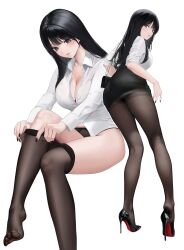 1girl abab_xiaxia absurdres ass black_hair black_pantyhose black_shoes black_skirt breasts cleavage collared_shirt full_body high_heels highres large_breasts legs long_hair long_sleeves multicolored_shoes office_lady original pantyhose parted_lips shirt shoes simple_background skirt solo stiletto_heels thighs very_long_hair white_background white_shirt