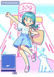 1girl animated animated_gif blue_eyes blue_hair blush braid denim denim_shorts medium_hair open_mouth original oyuzaki_(ayuzaki) pink_shoes pixel_art shirt shoes short_sleeves shorts smile sneakers solo twin_braids white_shirt