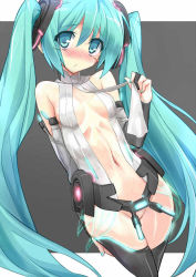 1girl aqua_hair bad_id bad_pixiv_id bare_shoulders eeeeee female_focus hatsune_miku hatsune_miku_(append) jpeg_artifacts long_hair navel no_panties solo thighhighs twintails vocaloid vocaloid_append