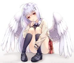 Rule 34 | 1girl, absurdres, ahoge, angel wings, black socks, convenient leg, cross hair ornament, finger to mouth, gabriel dropout, hair ornament, highres, kneehighs, legs up, loafers, long hair, raphiel shiraha ainsworth, sazanka, school uniform, shoes, silver hair, simple background, sitting, socks, solo, wings, yellow eyes