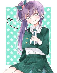 1girl absurdres blush border center_frills closed_mouth collared_shirt commentary_request cowboy_shot dress_shirt flower fortune_movie_(love_live!) frilled_shirt_collar frills green_eyes green_jacket green_necktie green_skirt hair_flower hair_ornament heart highres jacket link!_like!_love_live! long_sleeves looking_at_viewer love_live! miniskirt necktie official_alternate_costume otomune_kozue outside_border pinstripe_jacket pinstripe_pattern pinstripe_skirt pleated_skirt purple_hair red_flower ririn_(ririn_501) shirt sitting skirt smile solo split_mouth square-end_necktie star_(symbol) star_symbol_background striped_clothes twitter_username vertical-striped_clothes vertical-striped_necktie virtual_youtuber white_border white_shirt