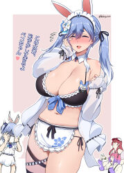 Rule 34 | 4girls, alternate costume, alternate hairstyle, animal ears, apron, areola slip, artist name, bikini, black bikini, black ribbon, black thighhighs, blush, borrowed clothes, breasts, cleavage, commentary request, cosplay, darkmaya, detached collar, gradient hair, hair between eyes, hair ribbon, hand on own cheek, hand on own face, hat, heart, hololive, hololive dev is, holonatsu paradise, horrified, houshou marine, houshou marine (holonatsu paradise), kikirara vivi, large breasts, maid, maid bikini, mother and daughter, multicolored hair, multiple girls, navel, pekomama, pink hair, purple hair, rabbit ears, red hair, ribbon, side-tie bikini bottom, stomach, swimsuit, thighhighs, thighs, translation request, twintails, twitter username, unconventional maid, usada pekora, usada pekora (casual), usada pekora (cosplay), usada pekora (holonatsu paradise), virtual youtuber, waist apron, watermark, white hat, white sleeves, wide sleeves