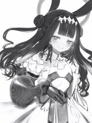 Rule 34 | 1girl, absurdres, alternate costume, ascot, blunt bangs, blush, breasts, diamond hairband, dress, flat chest, gauntlets, highres, hololive, hololive english, holomyth, long hair, looking at viewer, mole, mole under eye, monochrome, nanashi (nlo), ninomae ina&#039;nis, sidelocks, smile, solo, tareme, tentacle hair, very long hair, virtual youtuber, white background