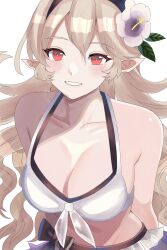 1girl absurdres bikini black_hairband blonde_hair blush breasts cleavage collarbone commentary_request female_corrin_(fire_emblem) female_corrin_(novice_vacationer)_(fire_emblem) fire_emblem fire_emblem_fates fire_emblem_heroes flower grin hair_flower hair_ornament hairband highres large_breasts long_hair n_54 nintendo official_alternate_costume pointy_ears red_eyes smile solo stomach swimsuit transparent_background white_bikini