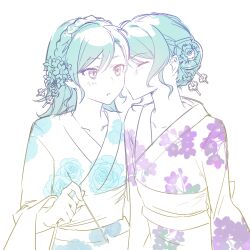 2girls aqua_hair bang_dream! blush braid closed_eyes commentary crown_braid duany floral_print floral_print_kimono hashtag-only_commentary highres hikawa_hina hikawa_sayo holding holding_fireworks incest japanese_clothes kimono kiss kissing_cheek long_hair multiple_girls open_mouth print_kimono short_hair siblings simple_background sisters twins white_background white_kimono yuri