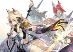 3girls absurdres animal_ear_fluff animal_ears arknights arm_strap armor ashlock_(arknights) belt black_belt black_gloves black_shirt blonde_hair breasts brown_hair cape closed_mouth coat commentary cowboy_shot cropped_shirt dooduck ear_armor ear_covers ear_tag english_commentary expressionless flametail_(arknights) gambeson gloves glowing headset highres holding holding_polearm holding_weapon horse_ears horse_girl horse_tail implied_extra_ears lance long_hair looking_to_the_side medium_breasts midriff multiple_girls nearl_(arknights) nearl_the_radiant_knight_(arknights) polearm ponytail red_hair shirt shoulder_armor sidelocks simple_background single_ear_cover skirt squirrel_ears squirrel_girl standing tail vambraces visor_(armor) weapon white_background white_cape white_coat white_skirt yellow_eyes