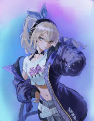 1girl black_choker blue_jacket blue_ribbon bra_strap choker crop_top grey_eyes grey_hair hair_ribbon headphones highres honkai:_star_rail honkai_(series) jacket long_hair looking_at_viewer midriff navel off_shoulder okoge_(koge_chan) open_clothes open_jacket ponytail ribbon shirt silver_wolf_(honkai:_star_rail) silver_wolf_(samsung)_(honkai:_star_rail) solo stomach upper_body white_shirt