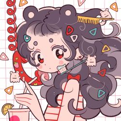 Rule 34 | 1girl, animal ears, bear ears, blush stickers, bow, brown hair, closed mouth, comb, corded phone, creature, cup, curly hair, disposable cup, dolman (dm), dot mouth, dot nose, drinking straw, earrings, food, forehead, from side, fruit, grid background, hair ornament, hand up, heart, heart earrings, highres, hikimayu, jewelry, lemon, lemon slice, long hair, looking at viewer, original, phone, portrait, red bow, red eyes, red shirt, shirt, short bangs, sleeveless, sleeveless shirt, solo, sticker, striped clothes, striped shirt, toothbrush, toothpaste, triangle hair ornament, turning head
