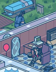 Rule 34 | 2boys, aged up, armchair, balloon, black hair, black jacket, blue pants, blue shirt, boots, chair, commentary, computer, cryostasis pod, desk, door, english commentary, from behind, grass, grey boots, grey hair, grey pants, hands on own face, highres, indoors, jacket, k (kyokugen dasshutsu), kyokugen dasshutsu, kyokugen dasshutsu adv: zennin shibou desu, male focus, mask, monitor, multiple boys, open clothes, open jacket, pants, shirt, short hair, short sleeves, sigma (kyokugen dasshutsu), sitting, spoilers, squatting, tombstone, twergo, unworn mask