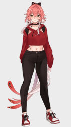1girl absurdres ahoge alternate_costume black_choker black_pants braid breasts changli_(wuthering_waves) choker closed_mouth collarbone commentary cropped_hoodie english_commentary feather_hair full_body grey_background hair_between_eyes hair_extensions highres hood hoodie long_hair long_sleeves looking_at_viewer medium_breasts midriff multicolored_hair navel pants pink_hair pynkmouth red_hoodie red_shoes ring_hair_extensions shoes simple_background smile sneakers solo twin_braids two-tone_hair very_long_hair white_hair wuthering_waves yellow_eyes