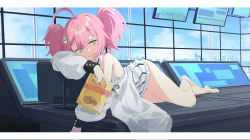 1girl :3 ahoge barefoot blue_archive blue_neckwear border chips_(food) day deatheach dress food grey_eyes hair_between_eyes hair_ornament highres holding holding_food indoors jacket lying momoka_(blue_archive) monitor off_shoulder pink_hair potato_chips short_twintails solo twintails white_border white_dress white_jacket window