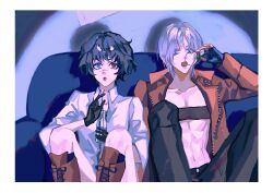 Rule 34 | 1boy, 1girl, black hair, blue eyes, coat, couch, dante (devil may cry), devil may cry, devil may cry (series), devil may cry 3, dizzycouch, drinking straw, fingerless gloves, gloves, heterochromia, highres, lady (devil may cry), no shirt, on couch, open mouth, pants, red coat, red eyes, scar, scar on face, scar on nose, shirt, sitting, white hair, white shirt