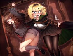 Rule 34 | 2girls, :o, arms behind back, ass, black pantyhose, black robe, black skirt, blonde hair, blue eyes, blush, bound, bound arms, bound wrists, brown eyes, brown hair, clothes lift, female focus, grey panties, grey socks, gryffindor, hairband, harry potter (series), hermione granger, kaneeru, long hair, looking at viewer, looking back, mary janes, multiple girls, open mouth, panties, pantyhose, robe, rope, school uniform, shirt, shoes, short hair, skirt, skirt lift, slytherin, socks, struggling, trembling, underwear, white shirt, wizarding world