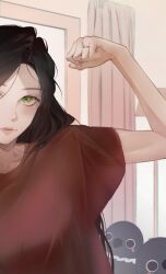 1girl blush brown_hair closed_mouth curtains day eyelashes green_eyes highres indoors jewelry lips long_hair love_and_deepspace ng_ai0 protagonist_(love_and_deepspace) red_shirt ring shirt solo stuffed_animal stuffed_bird stuffed_toy sunlight upper_body