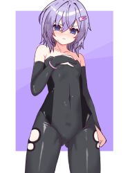 1girl bare_shoulders black_bodysuit black_gloves blush bodysuit breasts clothing_cutout collarbone covered_navel covering_breasts covering_privates cowboy_shot elbow_gloves gloves gluteal_fold hair_between_eyes hair_ornament hairclip hand_on_own_chest highres looking_at_viewer noir_(noire6959) parted_lips purple_background purple_eyes purple_hair short_hair small_breasts solo standing vocaloid yuzuki_yukari