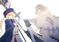 1boy 2girls absurdres artoria_caster_(fate) artoria_caster_(second_ascension)_(fate) artoria_pendragon_(fate) black_dress black_gloves blonde_hair blue_eyes crown dress fate/grand_order fate_(series) gloves green_eyes hair_between_eyes hat highres holding holding_polearm holding_staff holding_weapon long_hair long_sleeves looking_at_viewer morgan_le_fay_(fate) morgan_le_fay_(queen_of_winter)_(fate) multiple_girls ninjin_(ne_f_g_o) oberon_(fate) oberon_(second_ascension)_(fate) polearm short_hair simple_background smile spear staff staff_of_selection_(fate) veil weapon white_hair