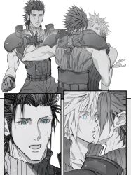 2b_fff 2boys aqua_eyes arm_ribbon armor belt black_gloves black_hair blonde_hair cloud_strife crisis_core_final_fantasy_vii cross_scar facial_scar final_fantasy final_fantasy_vii final_fantasy_vii_advent_children gloves hair_between_eyes highres kiss male_focus multiple_belts multiple_boys parted_bangs parted_lips pauldrons popped_collar ribbon scar scar_on_cheek scar_on_face short_hair shoulder_armor sleeveless sleeveless_turtleneck spiked_hair spot_color suspenders time_paradox turtleneck upper_body white_background wide-eyed yaoi zack_fair