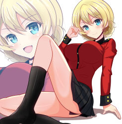 1girl ass black_skirt blonde_hair blue_eyes blush braid breasts darjeeling_(girls_und_panzer) girls_und_panzer highres kumaisao large_breasts looking_at_viewer military_uniform miniskirt open_mouth pleated_skirt skirt smile solo st._gloriana&#039;s_military_uniform