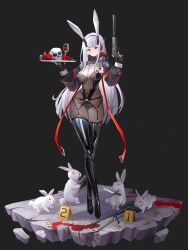 1girl absurdres ammunition animal_ears black_boots black_gloves black_leotard boots breasts cleavage covered_navel dreiworks fake_animal_ears fingerless_gloves gloves gun handgun highres holding holding_gun holding_knife holding_plate holding_weapon knife large_breasts latex latex_boots leotard long_hair looking_at_viewer mouth_hold original plate rabbit rabbit_ears red_eyes rifle solo suppressor thigh_boots very_long_hair weapon white_hair