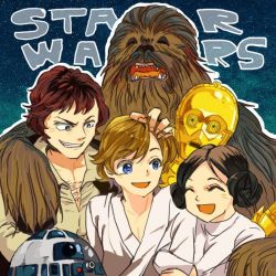 1970s_(style) 1980s_(style) 1girl 5boys alien animification astromech_droid bad_id bad_pixiv_id blonde_hair blue_eyes body_hair brother_and_sister brown_hair c-3po carrie_fisher chewbacca closed_eyes fangs friends han_solo hand_on_another&#039;s_head happy harrison_ford laughing looking_at_another looking_at_viewer luke_skywalker mark_hamill multiple_boys oldschool open_mouth princess_leia r2-d2 retro_artstyle robot science_fiction siblings sideburns smile star_(symbol) star_symbol_background star_wars star_wars:_a_new_hope sutinki vest wookiee