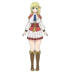 1girl anime_coloring arms_at_sides blonde_hair blue_eyes blush boots breasts brown_boots capelet closed_mouth corset enome full_body futoku_no_guild highres huge_breasts kaneko_hiraku long_hair looking_at_viewer miniskirt pleated_skirt red_capelet red_corset simple_background skirt smile solo standing tachi-e thighs transparent_background white_skirt