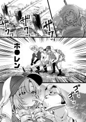 1girl 2boys apron baseball_cap blush boots drill_hair drinking emphasis_lines gloves greyscale hat highres hoe holding holding_teapot hyakumantenbara_salome joe_rikiichi long_hair long_sleeves monochrome multiple_boys nijisanji sakayama_shinta scarf sound_effects sweat teapot teardrop_facial_mark translation_request unworn_gloves virtual_youtuber