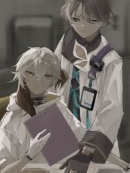 Rule 34 | 1boy, 1other, :/, black sclera, blue eyes, blurry, blurry background, brown hair, coat, colored sclera, colored tips, earclip, gloves, grey gloves, heterochromia, id card, indoors, looking at viewer, medicine pocket, medium hair, mismatched sclera, mugisoba, multicolored hair, parted lips, reverse:1999, short hair, side ponytail, upper body, white coat, white gloves, white hair, x (reverse:1999), yellow eyes