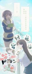 2girls @_@ absurdres ac-bu_(style) against_railing animal_ear_hairband animal_ears artist_name bang_dream! bang_dream!_it&#039;s_mygo!!!!! black_shirt blue_hoodie blue_shorts blue_skirt blush bouquet breasts brh brown_eyes brown_hair chinese_commentary chinese_text closed_mouth collarbone commentary_request earrings fake_animal_ears falling_petals flower grey_hair hairband heart highres holding holding_bouquet holding_notebook hood hood_down hoodie jacket jewelry long_hair medium_breasts mole mole_under_eye mouth_hold multiple_girls notebook ocean open_mouth panda panda_ears petals purple_eyes railing shiina_taki shirt short_hair shorts single_earring skirt sparkle sweatdrop takamatsu_tomori translation_request two-tone_hoodie white_jacket yellow_hoodie